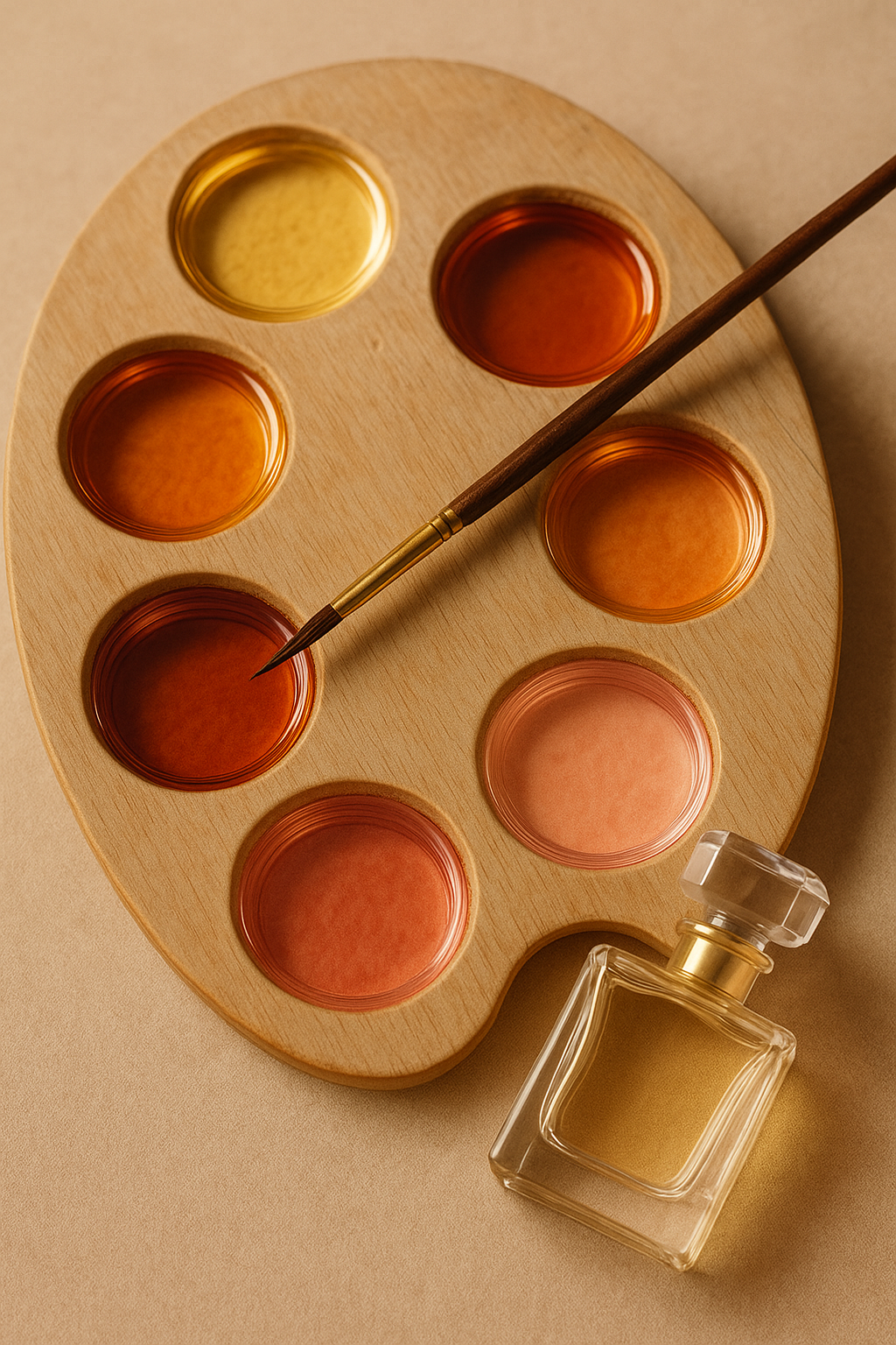 Painter’s palette of amber and rose pigments beside a KLEIO bottle