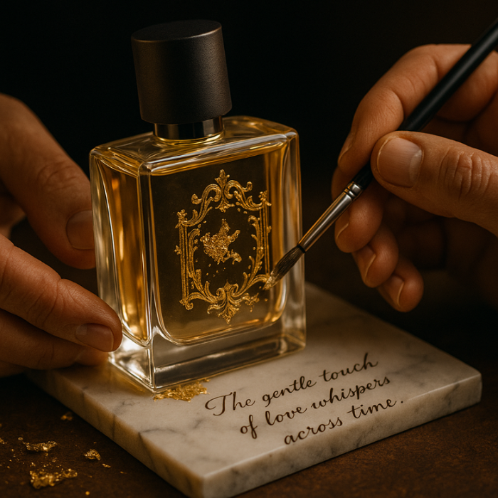 Hands gilding the gold-fusion artwork on the back of a KLEIO bottle