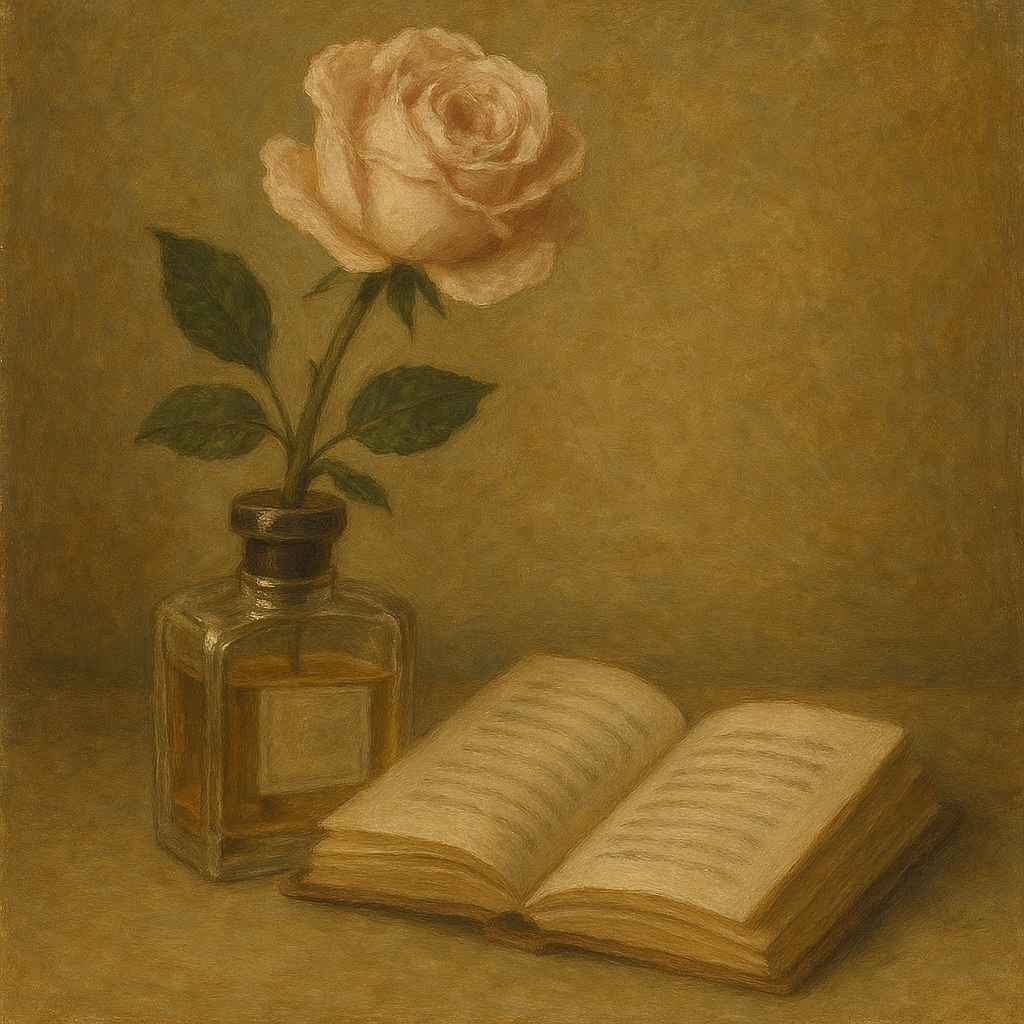 Painting of a rose in a KLEIO bottle beside an open book