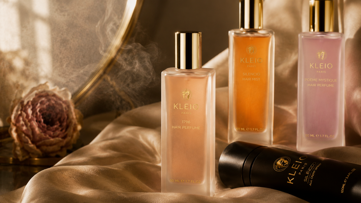 KLEIO Hair Perfume and Silencio All-over Body Spray arranged on champagne satin