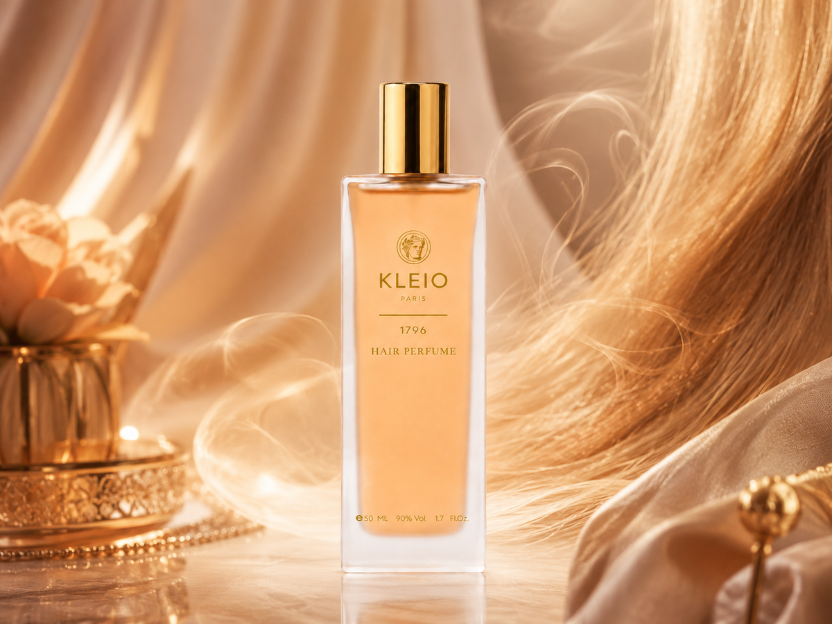 1796 Hair Perfume bottle in warm light with flowing hair