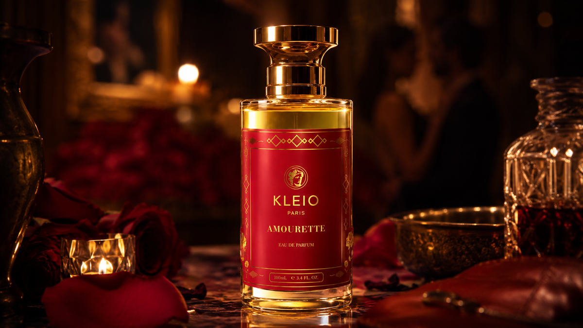 Amourette Eau de Parfum bottle among red roses in warm evening light