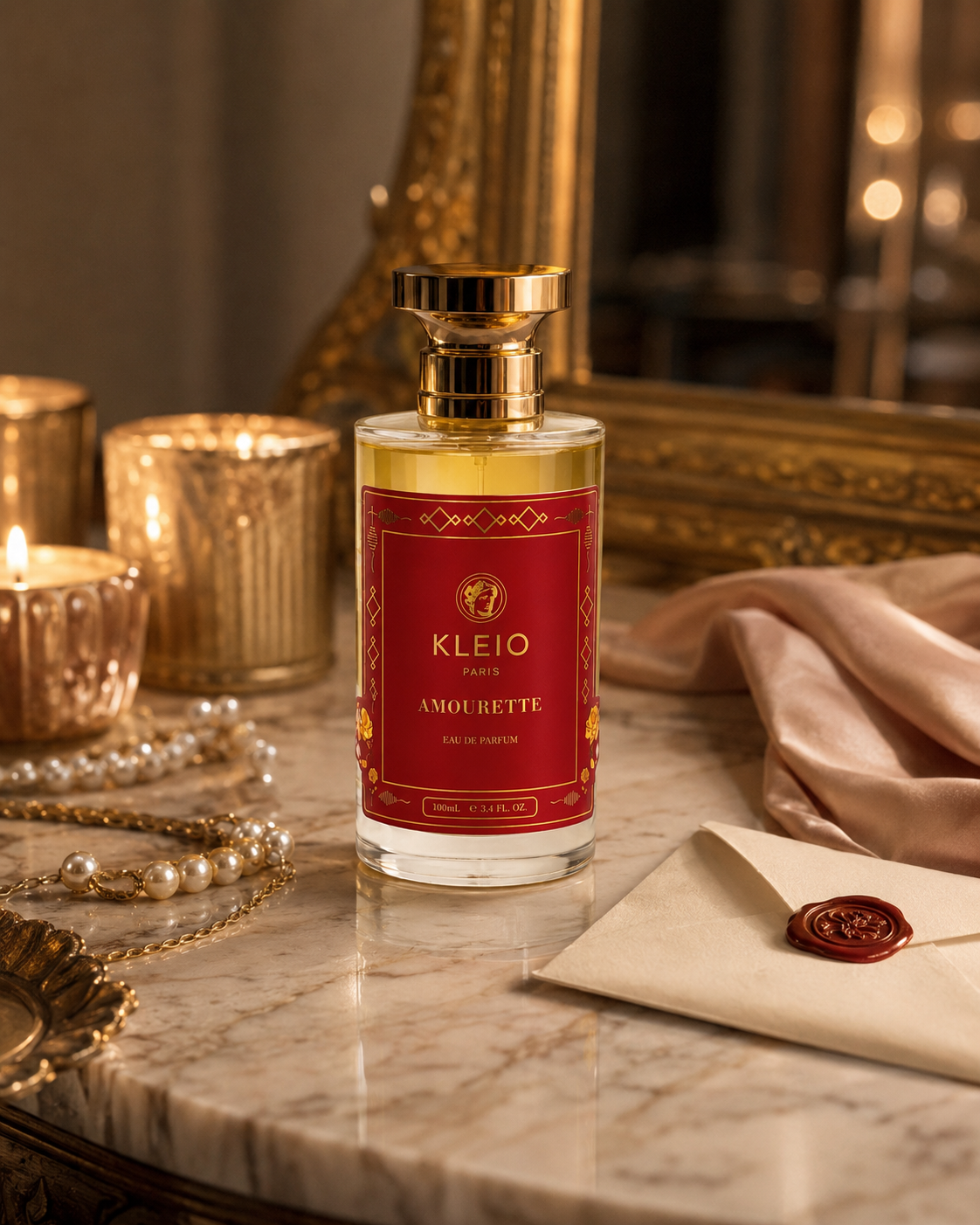 Amourette Eau de Parfum bottle on a candlelit vanity beside a sealed letter