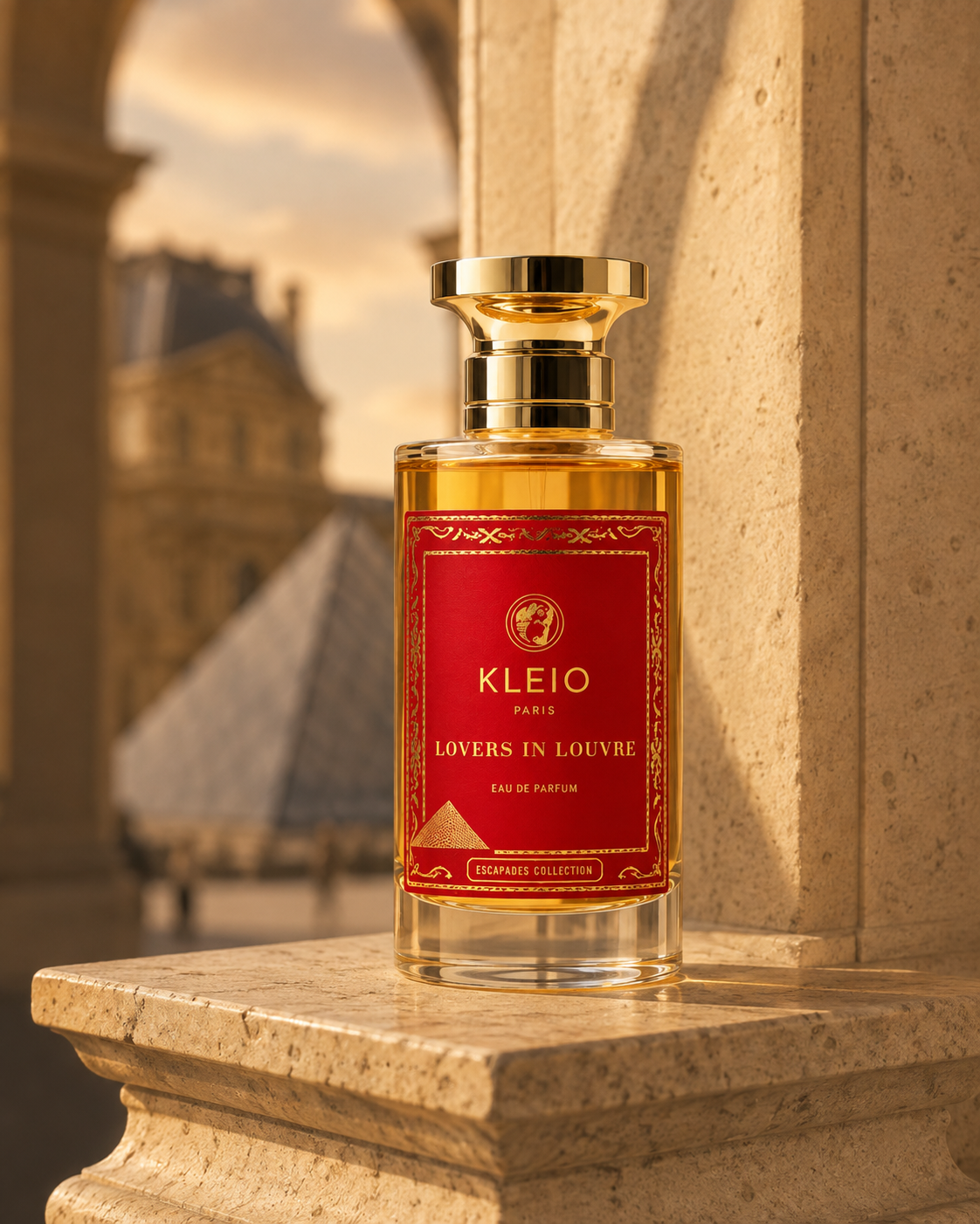 Lovers in Louvre Eau de Parfum bottle overlooking the Louvre pyramid in warm evening light