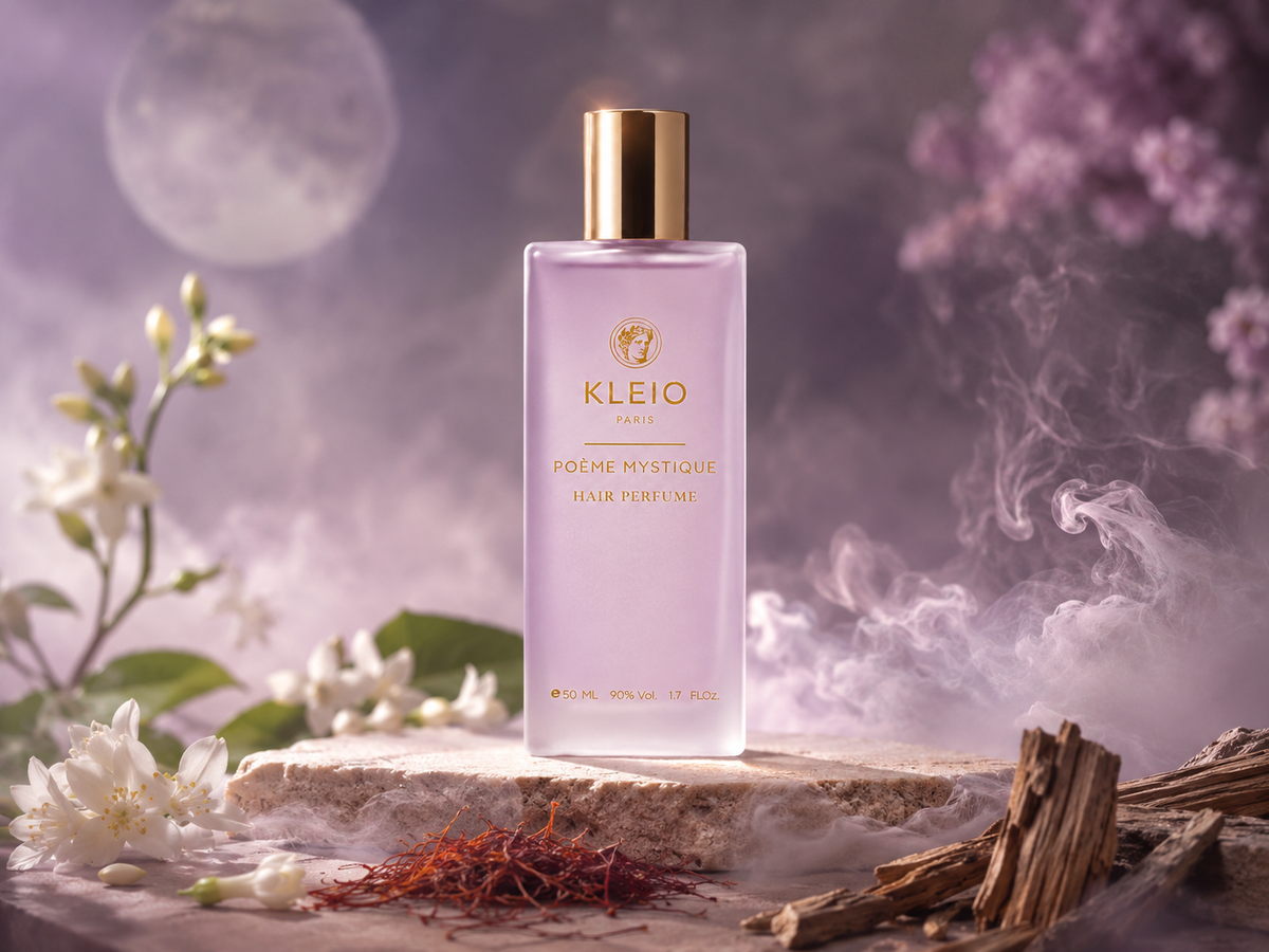 Poème Mystique Hair Perfume bottle with jasmine, saffron and wood in lilac light