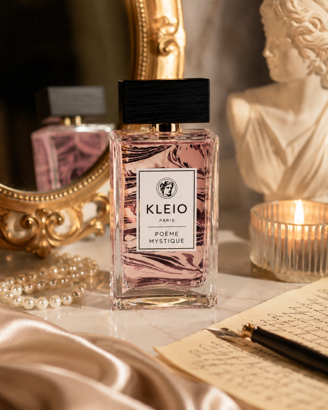 Poeme Mystique Eau de Parfum on a candlelit vanity