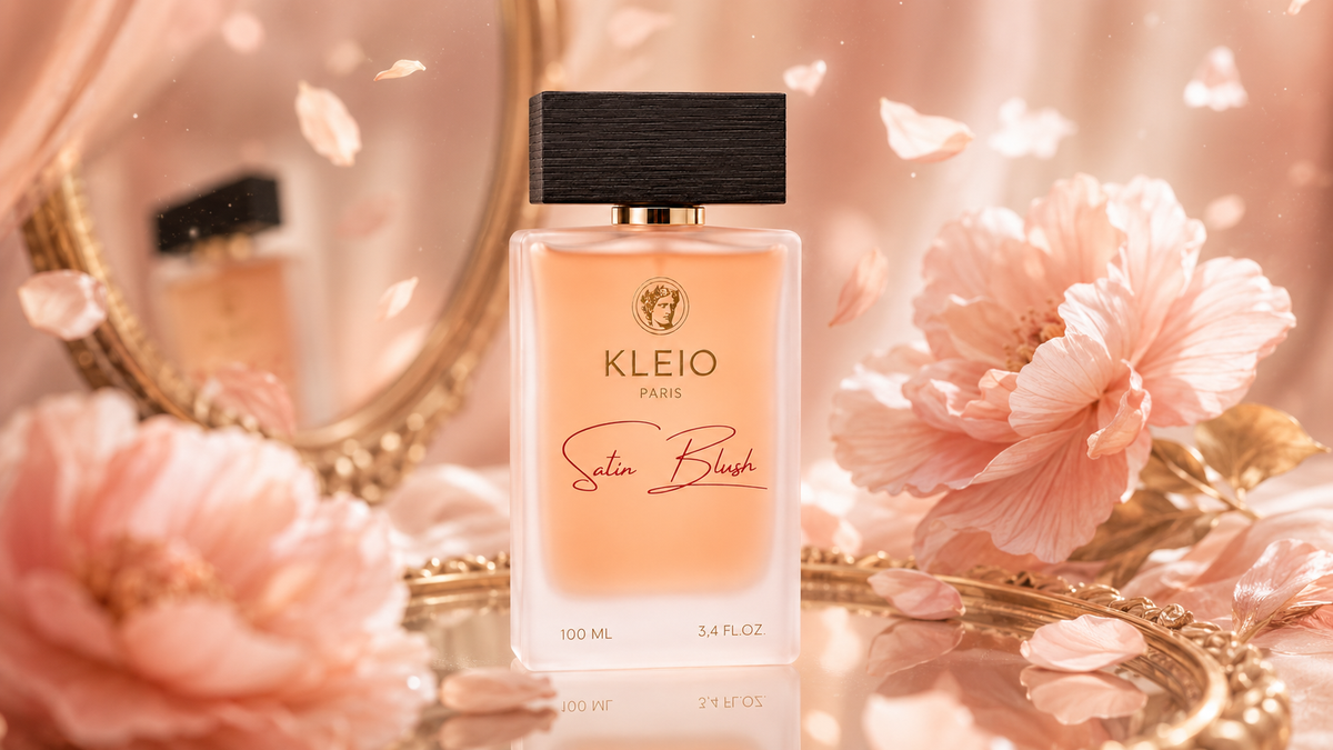 Satin Blush frosted perfume bottle in a luminous blush campaign setting