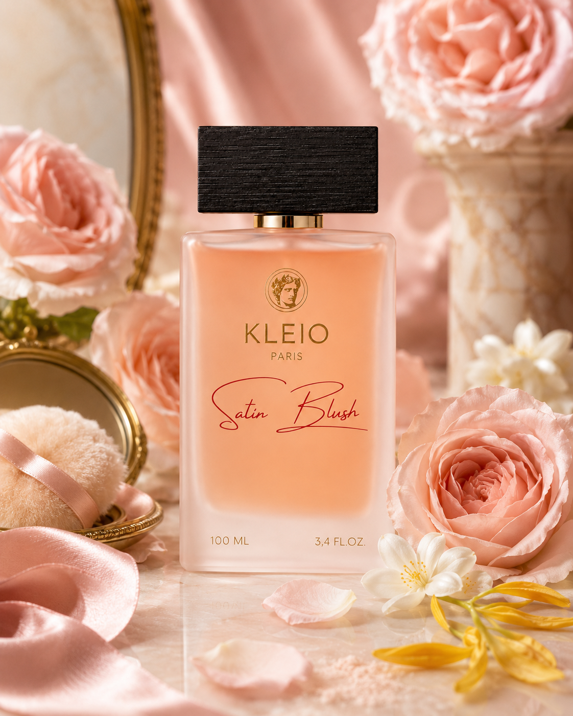 Satin Blush Eau de Parfum bottle among blush flowers and soft satin