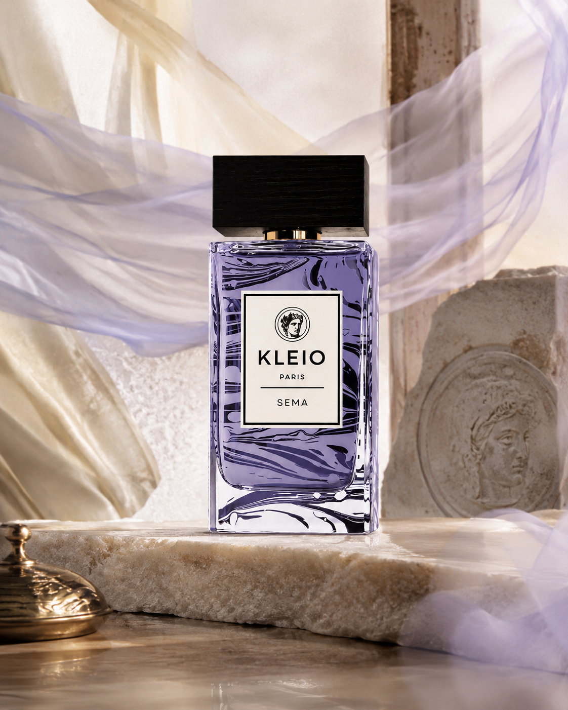 Sema Eau de Parfum framed by lavender fabric and stone