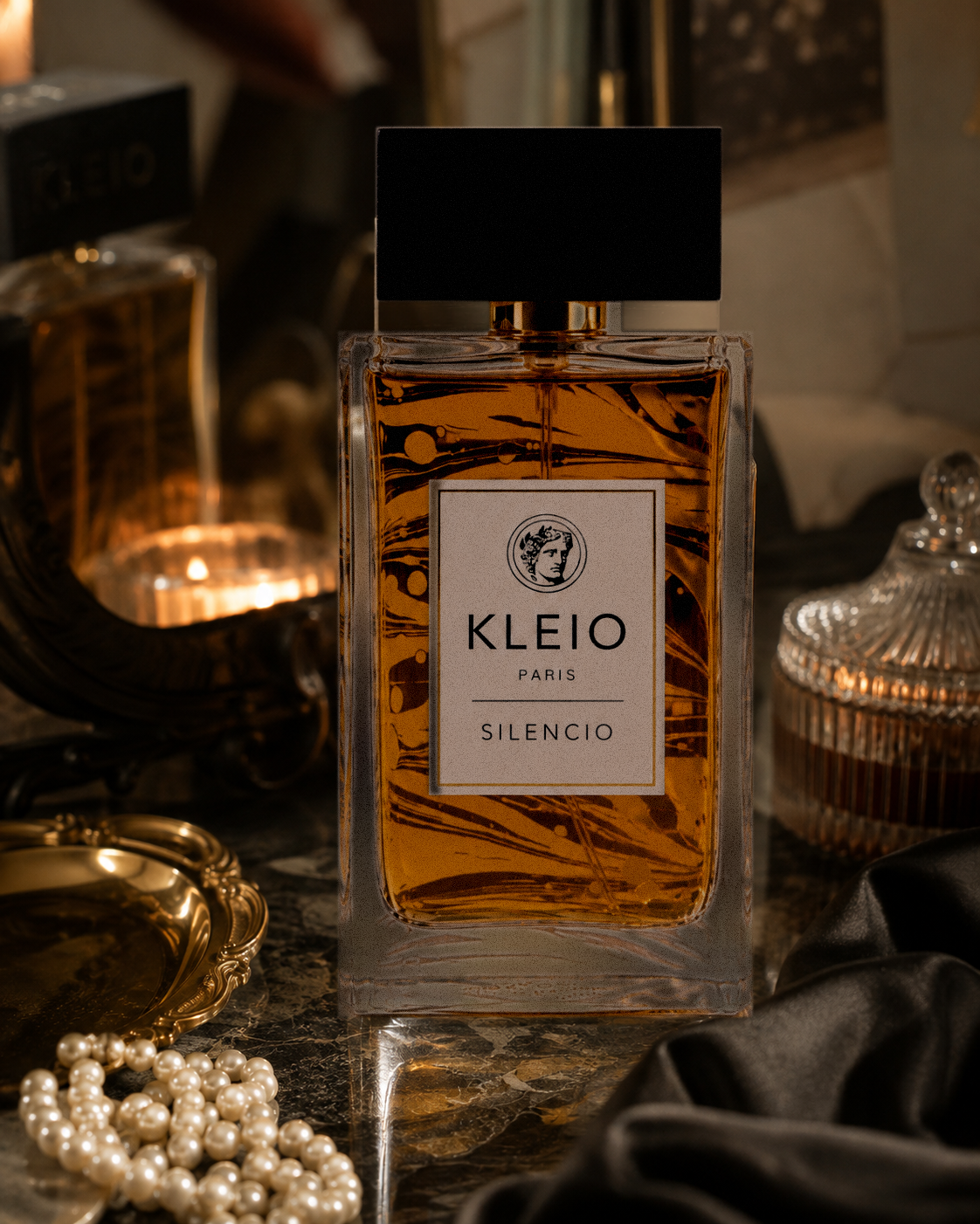 Silencio Eau de Parfum on a candlelit vanity